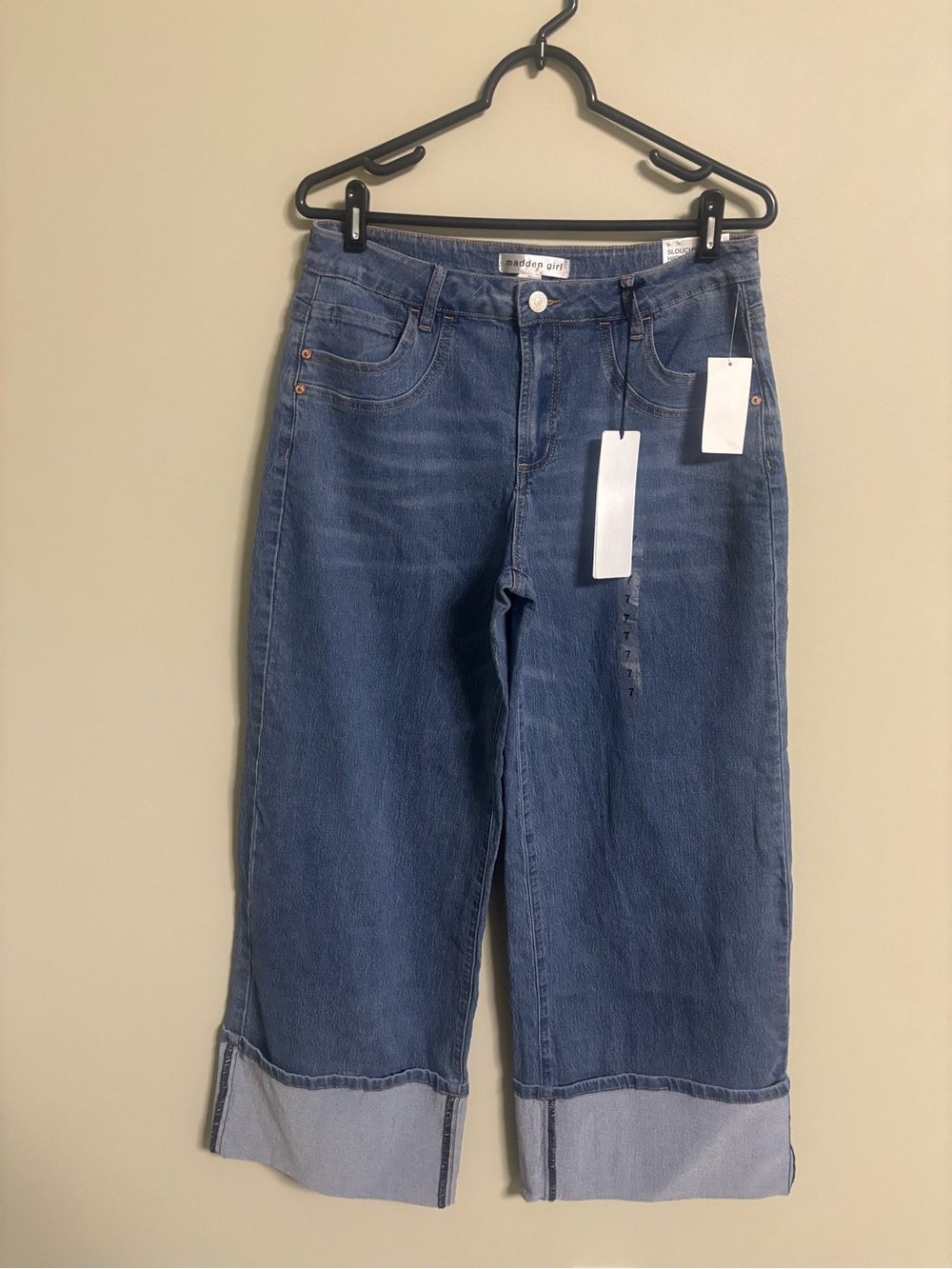 Madden Girl Slouchy High Wide Leg Crop Jeans Blue Cuffed Denim Size 7 New Bow